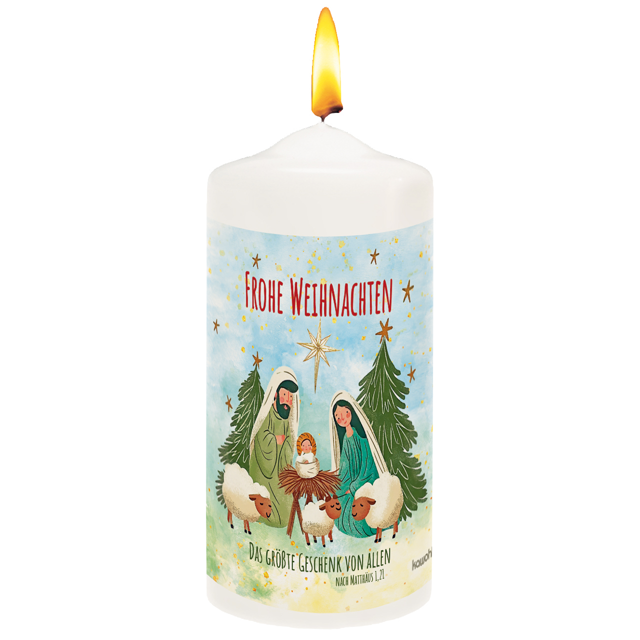 Kerze - Frohe Weihnachten - Weihnachtsbaum Tannenbaum Schafe Krippe Maria Josef Jesus Baby Kind Sterne Grafik