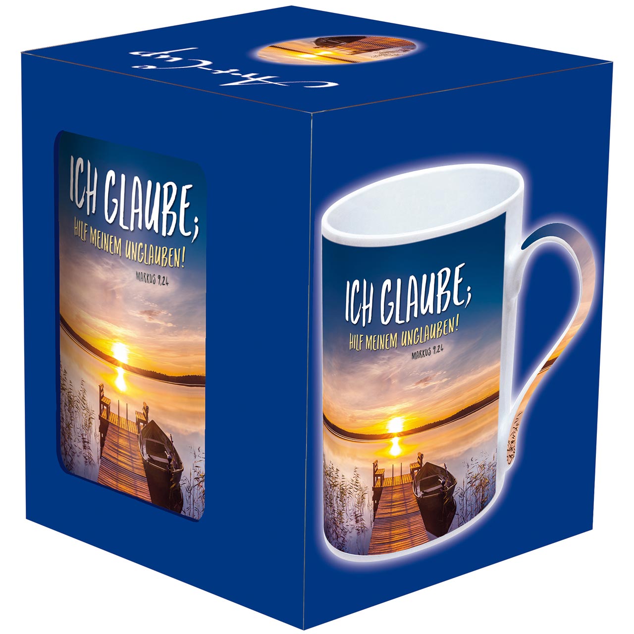 Tasse - Ich glaube: hilf meinem Unglauben! - Steg mit Boot am See, Sonnenuntergang