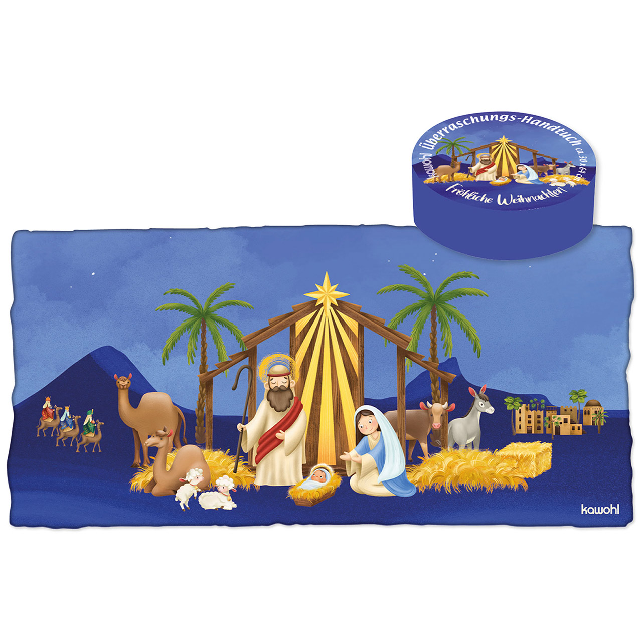 Weihnachtskrippe Überraschungs-Handtuch - Weihnachtskrippe - Krippe Stern Maria Josef Jesus Kamele Schafe Stroh Stall Berge