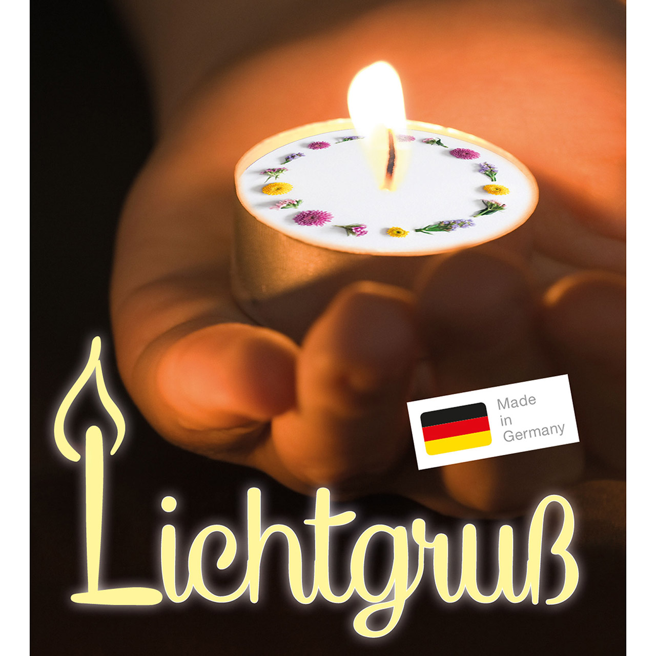 Teelicht mit Grußkarte - Zum Geburtstag Glück und Segen - Blumenkranz