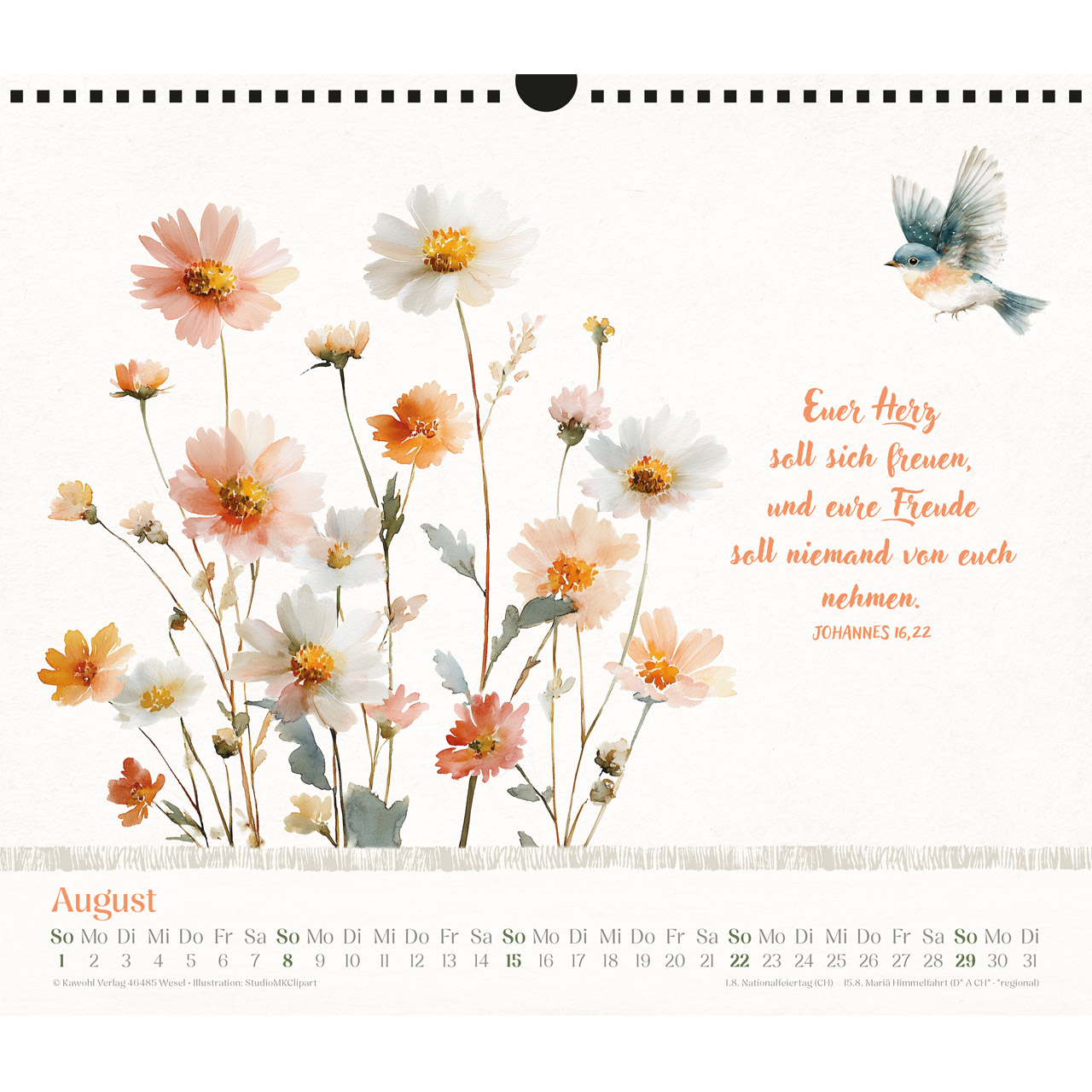Wandkalender - Freude im Herzen 2027 - Blumenaquarelle, Aquarellmotive mit Blumen