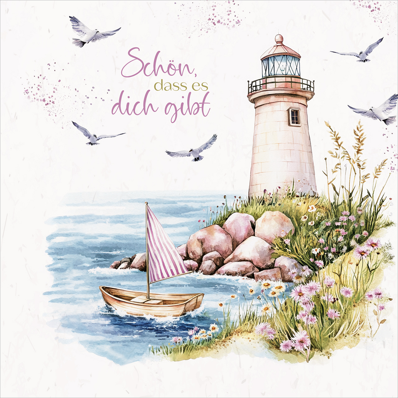 Servietten - Fürchte dich nicht, denn ich bin mit dir; - Grafik Leuchtturm Boot Möve Steine Blumen Wasser Meer