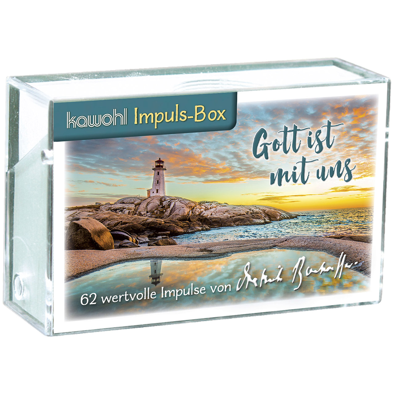 Gott ist mit uns Karten-Box Kunststoff - Gott ist mit uns - Leuchtturm Meer Felsen