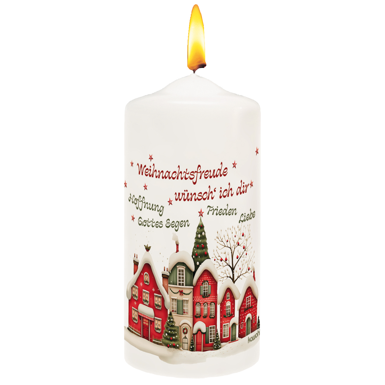 Kerze - Weihnachtsfreude wünsch' ich dir - Häuserzeile Haus Schnee Tannenbaum Weihnachtsbaum Deko Sterne Grafikq