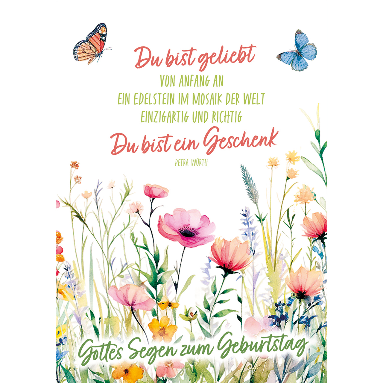 Postkarten - Gottes Segen zum Geburtstag - Aquarell Blumen farbenfroh Schmetterling Klatschmohn