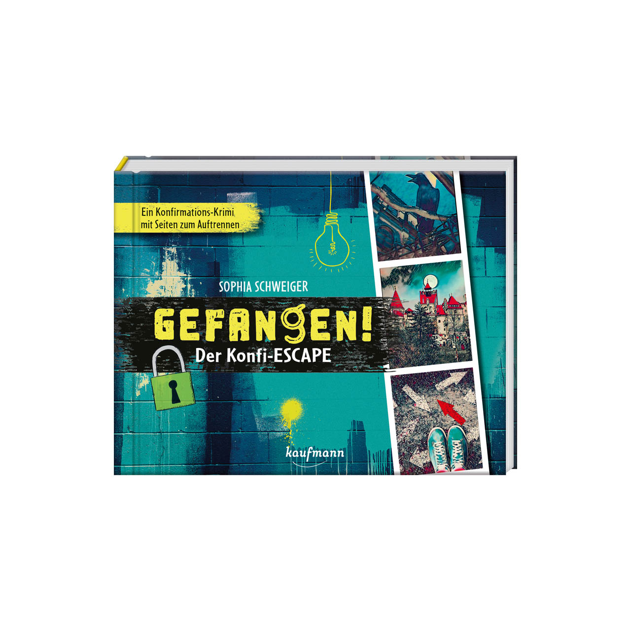 Buch - Gefangen - Der Konfi-Escape - Vorhängeschloss Mauer Rabe Stadt Turnschuhe Pfeile