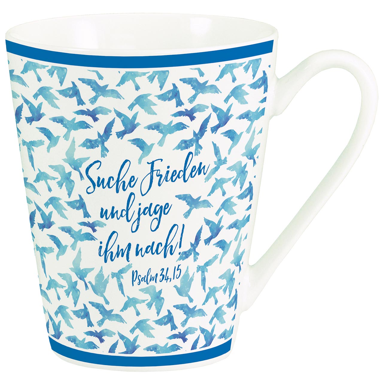 Tasse - Suche Frieden und jage ihm nach! - fliegende Tauben / Aquarell-Motiv / in hellen Blautönen<br />