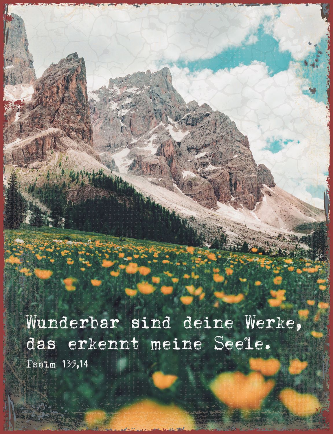 Wanddekoration - Metallschild 'Wunderbar sind deine Werke, das erkennt meine Seele.' - Berge Wolken Blumenwiese Bäume Metallschild