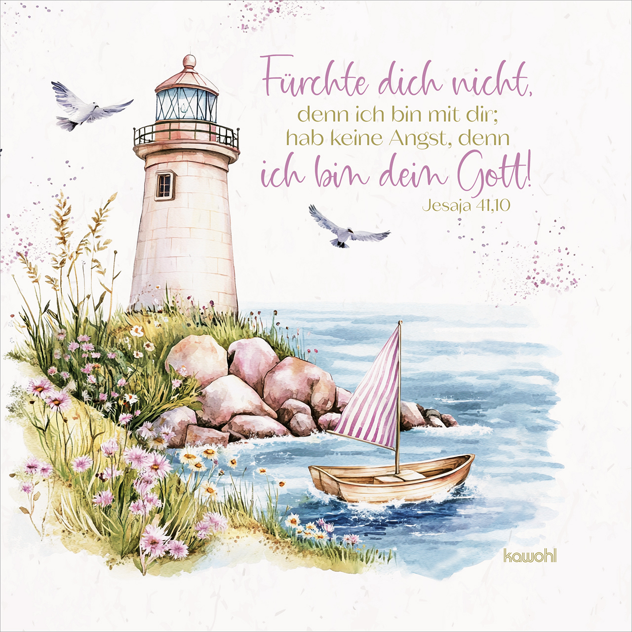 Servietten - Fürchte dich nicht, denn ich bin mit dir; - Grafik Leuchtturm Boot Möve Steine Blumen Wasser Meer