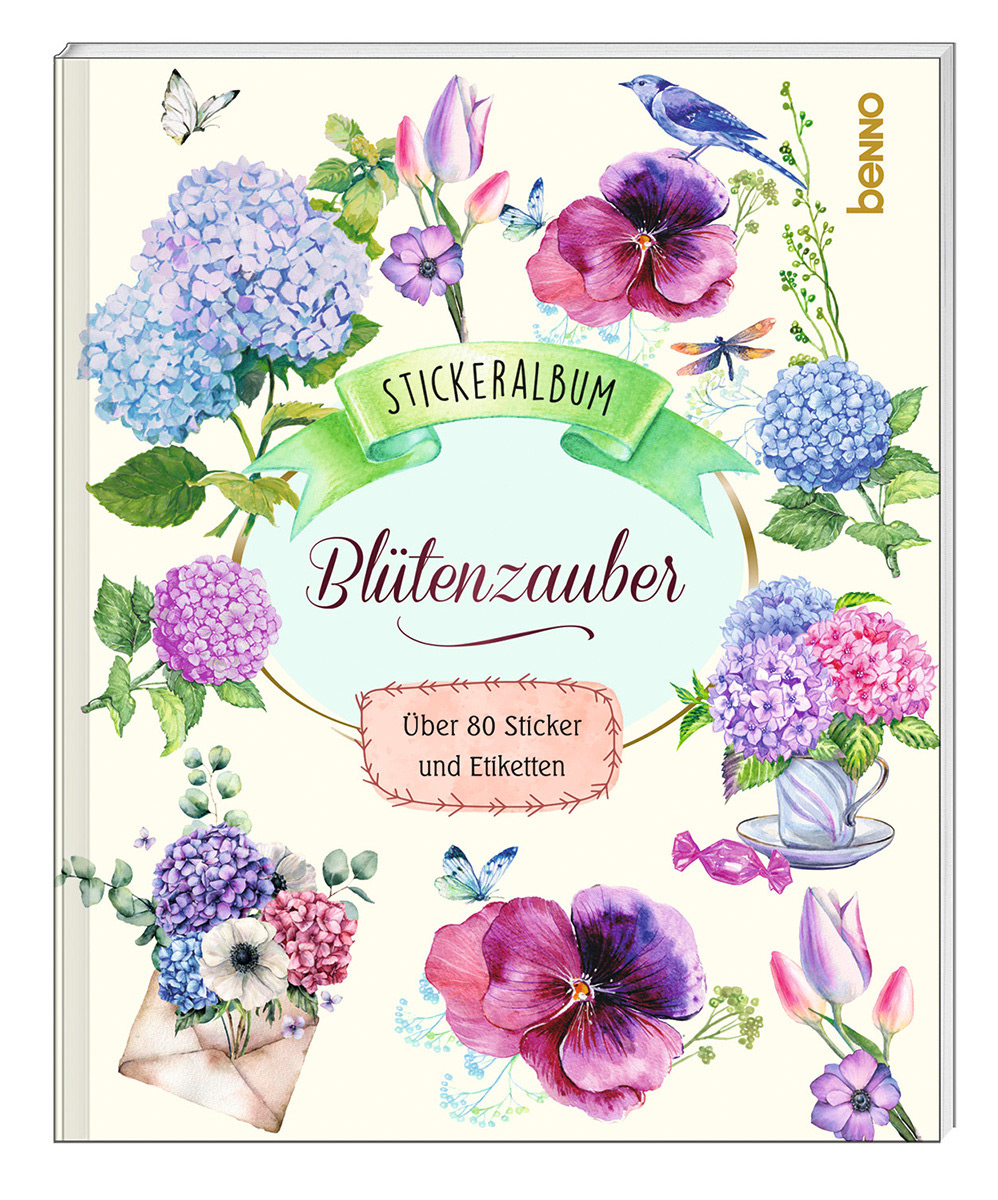Buch - Stickeralbum  Blütenzauber - Blumen Blüten Tasse Vogel Schmetterling Bonbon