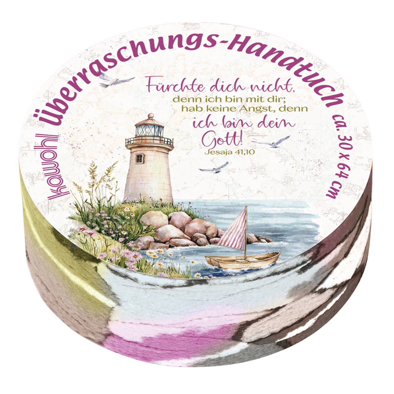 Überraschungs-Handtuch - Fürchte dich nicht, denn ich bin mit dir; - Grafik Leuchtturm Boot Möve Stenne Blumen Wasser Meer