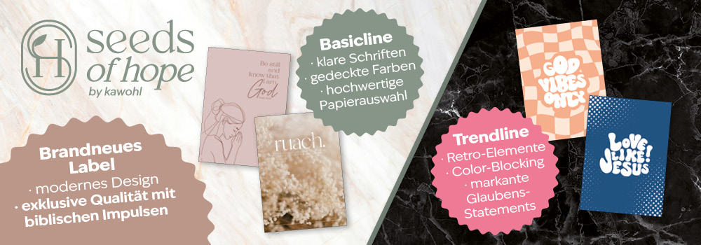 Banner mit dem Logo „Seeds of Hope“ und verschiedenen Produkten, darunter Karten mit inspirierenden Botschaften und Designs.