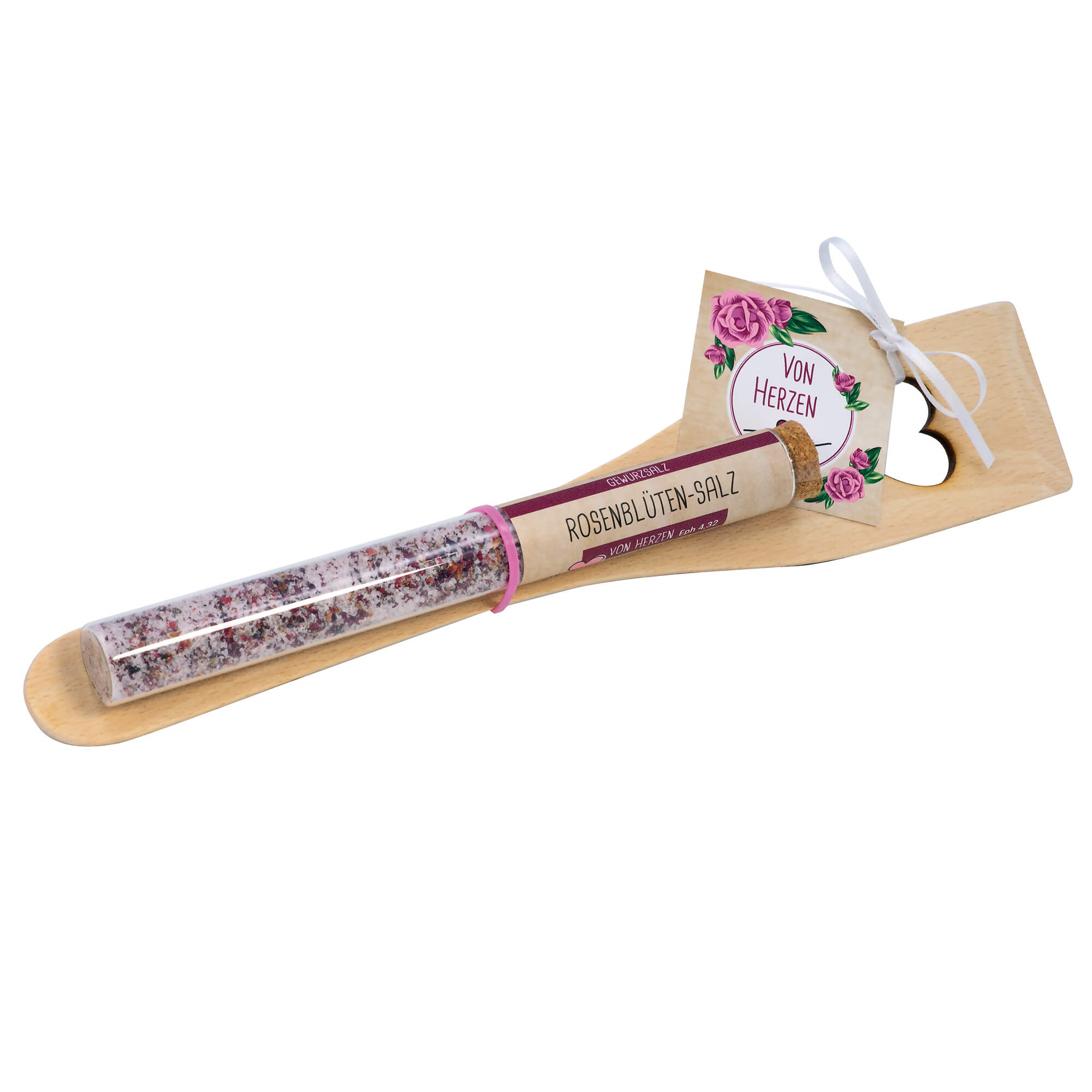 Tisch & Küche - Geschenkset 'Pfannenwender & Rosenblütensalz' (34g) - Reagenzglas Pfannenwender Karte Rosen