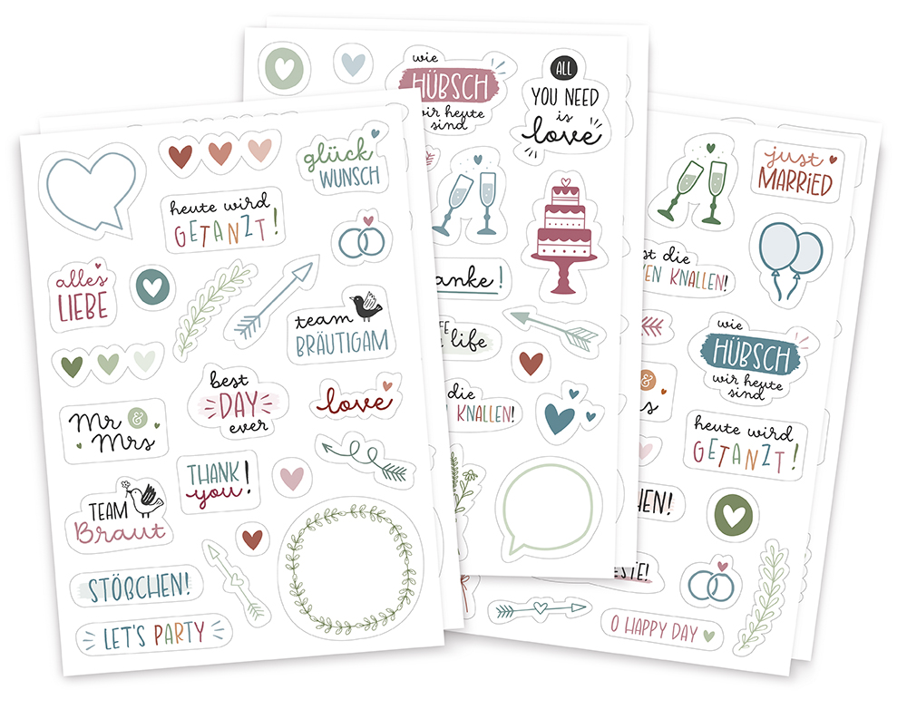 Spiel & Spaß - Sticker-Set Hochzeit - Sticker Herz Gläser Pfeil Torte Luftballons