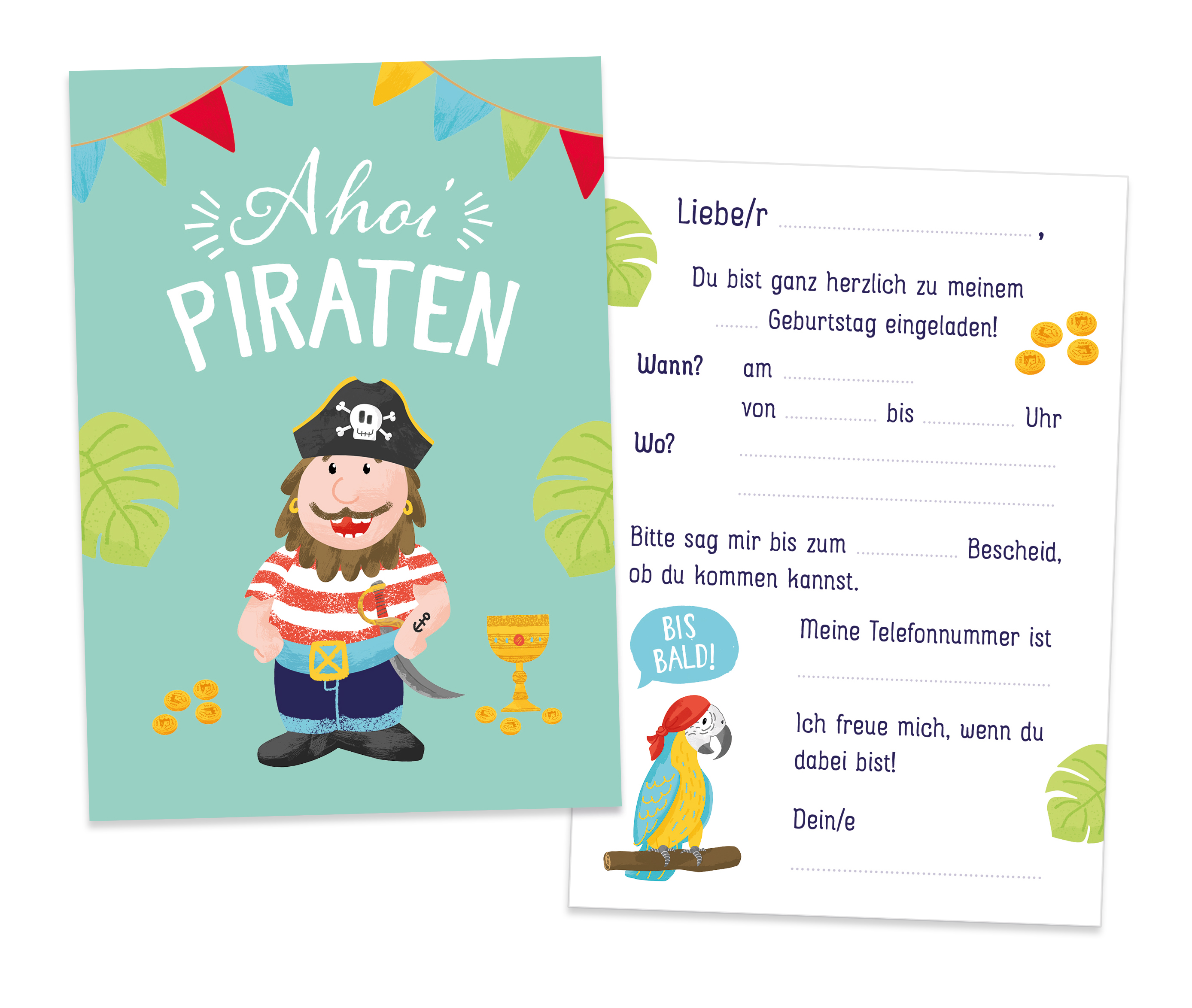 Postkarten - Kindergeburtstag Einladungen Pirat (12 Ex.) - Karte Pirat Papagei Gold Kelch Girlanden Blatt
