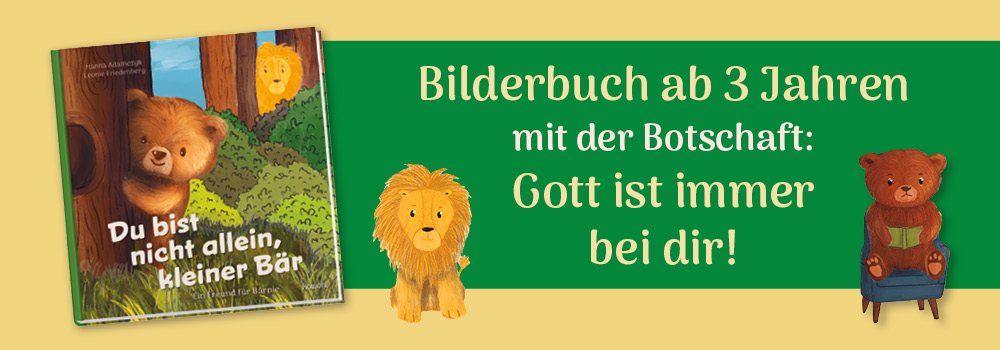 Banner mit Bären-Bilderbuch auf gelben Hintergrund und gezeichnetem Löwen und Bären.