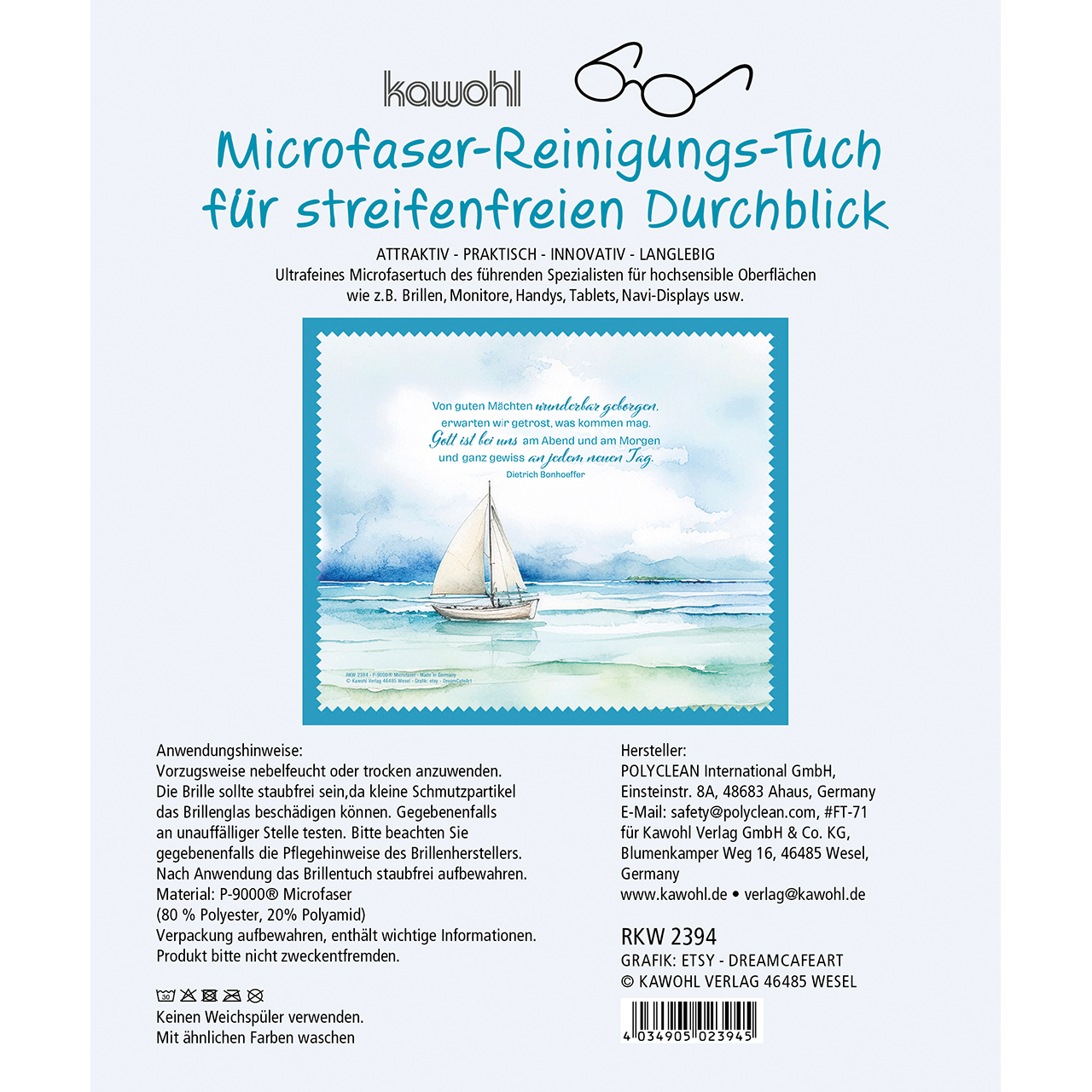 Brillenputztuch - Von guten Mächten wunderbar geborgen - Segelboot Aquarell Meer Wolken