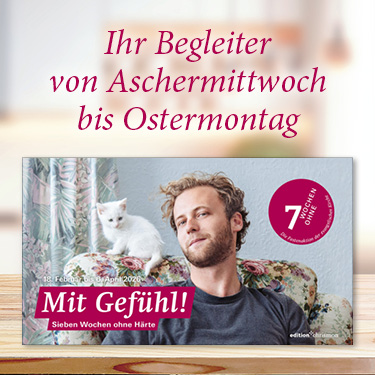 Kalender als Fastenbegleiter, Titel mit Mann und Katze auf einem Sofa. Text: Ihr Begleiter von Aschermittwoch bis Ostermontag
