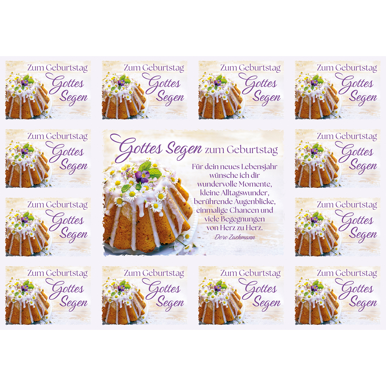 Postkarten mit Aufklebern - Gottes Segen zum Geburtstag - Kuchen Gänseblümchen Zuckerguss