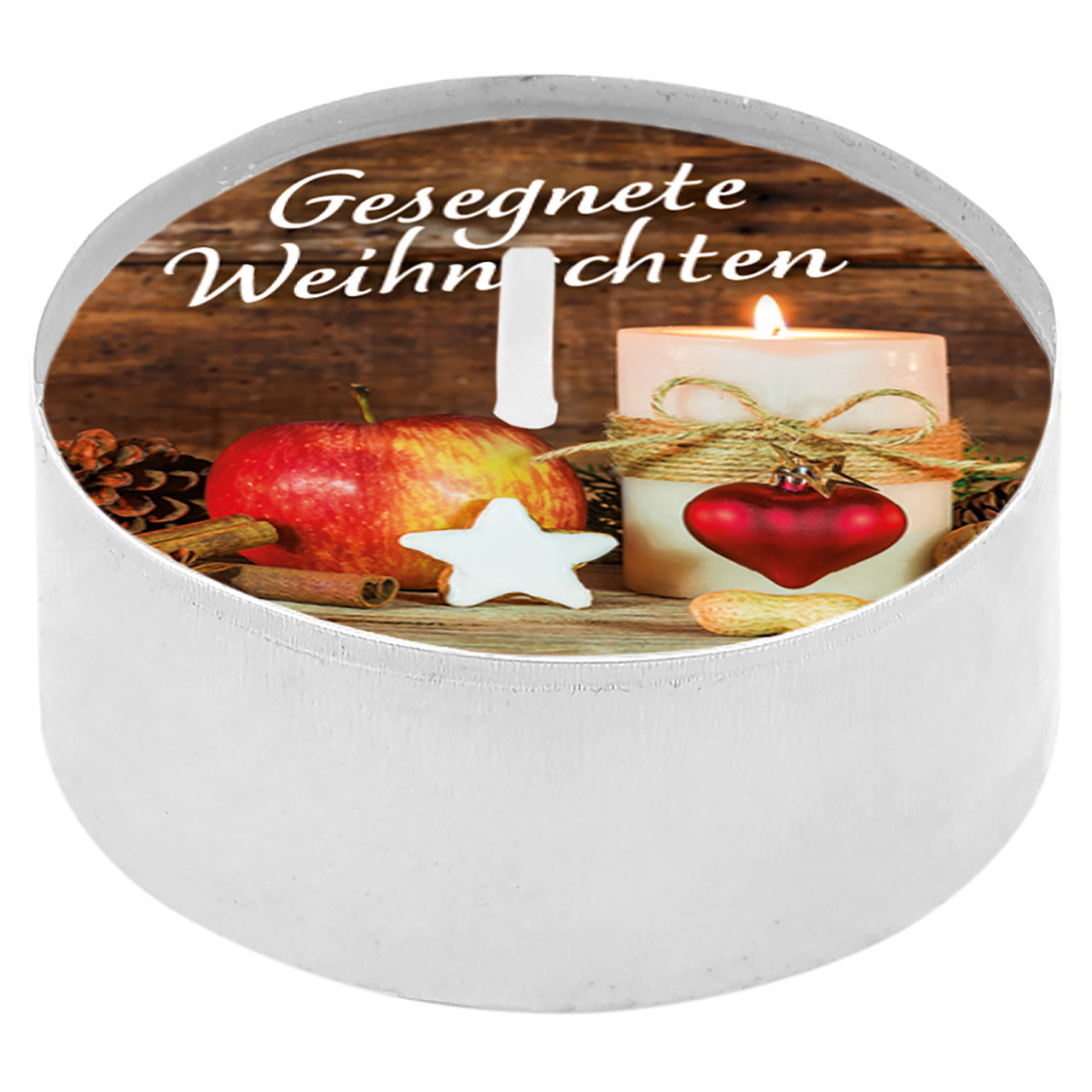 Teelicht mit Grußkarte - Gesegnete Weihnachten - Kerze Apfel Stern Herz Zimtstangen Erdnüsse Tannenzapfen