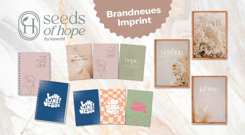 Banner mit dem Logo „Seeds of Hope“ und verschiedenen Notizbüchern sowie Postern mit inspirierenden Worten wie „hope“ und „yeshua“.