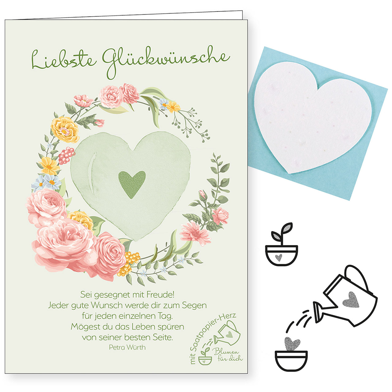 Faltkarte - Liebste Glückwünsche - Grafik Aquarell Blumenkranz