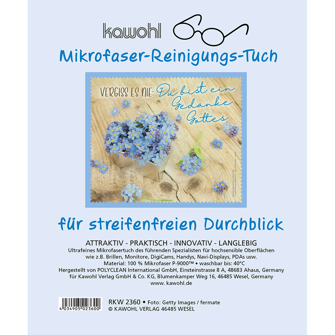 Brillenputztuch - Vergiss es nie: Du bist ein Gedanke Gottes - Vergiß-mein-nicht Herz