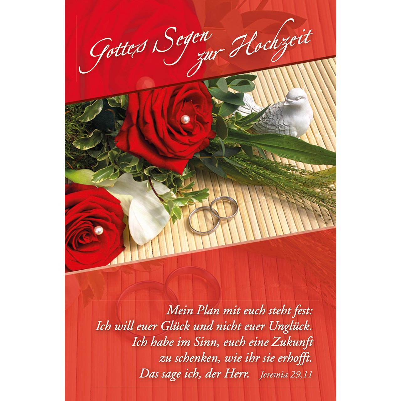 Faltkarte - Gottes Segen zur Hochzeit - rote Rosen Perle Eheringe Taube