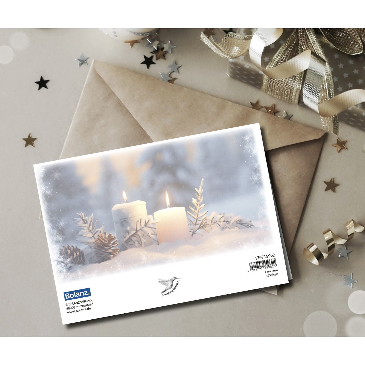 Faltkarte - Faltkarte 'Frohe Weihnachten und ein gesegnetes neues Jahr' 1x  Motiv: weiße Ker - Faltkarte Kerzen Schnee Tannenzapfen