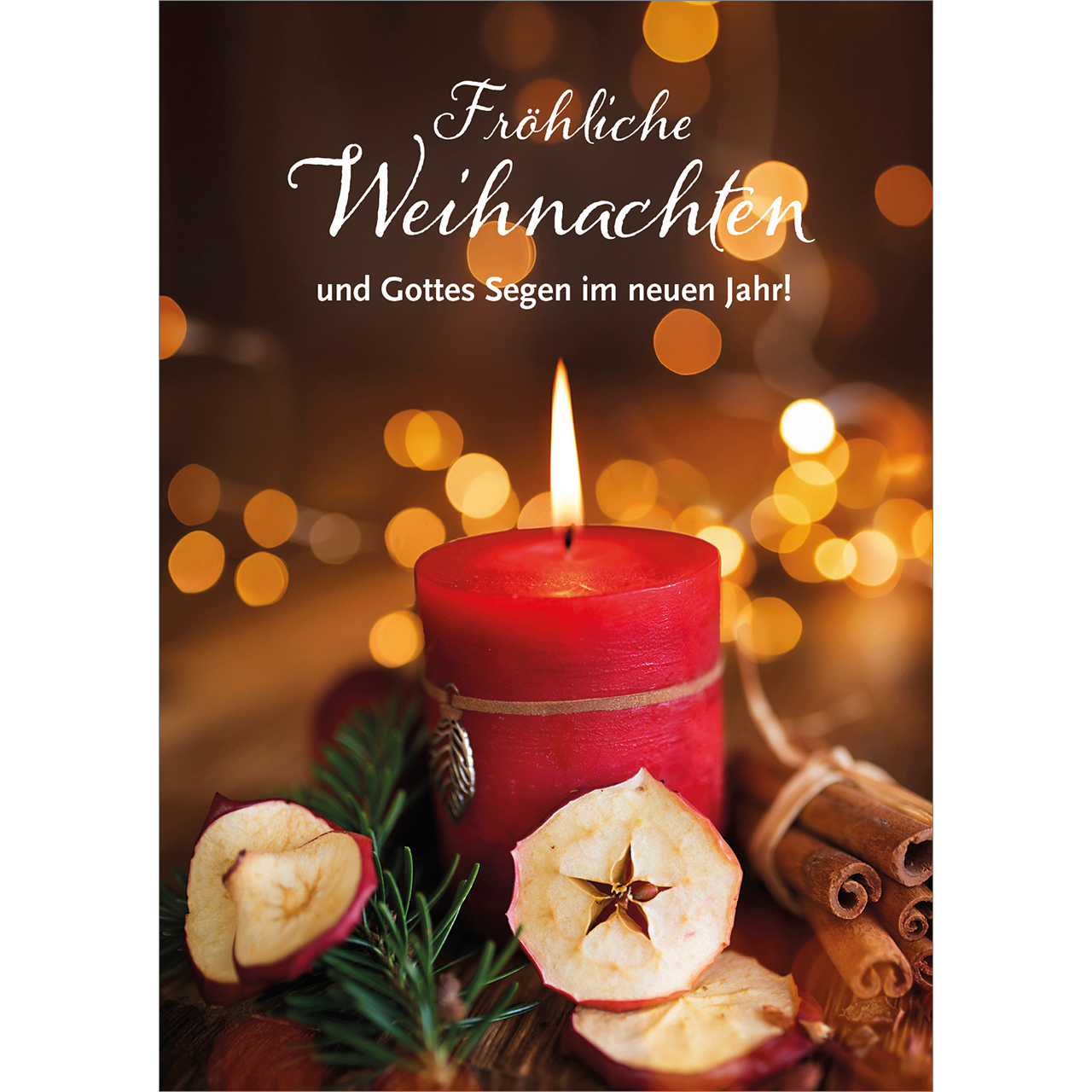 Postkarten - Fröhliche Weihnachten - Kerze rot Flamme Apfel Zweige Zimtstangen