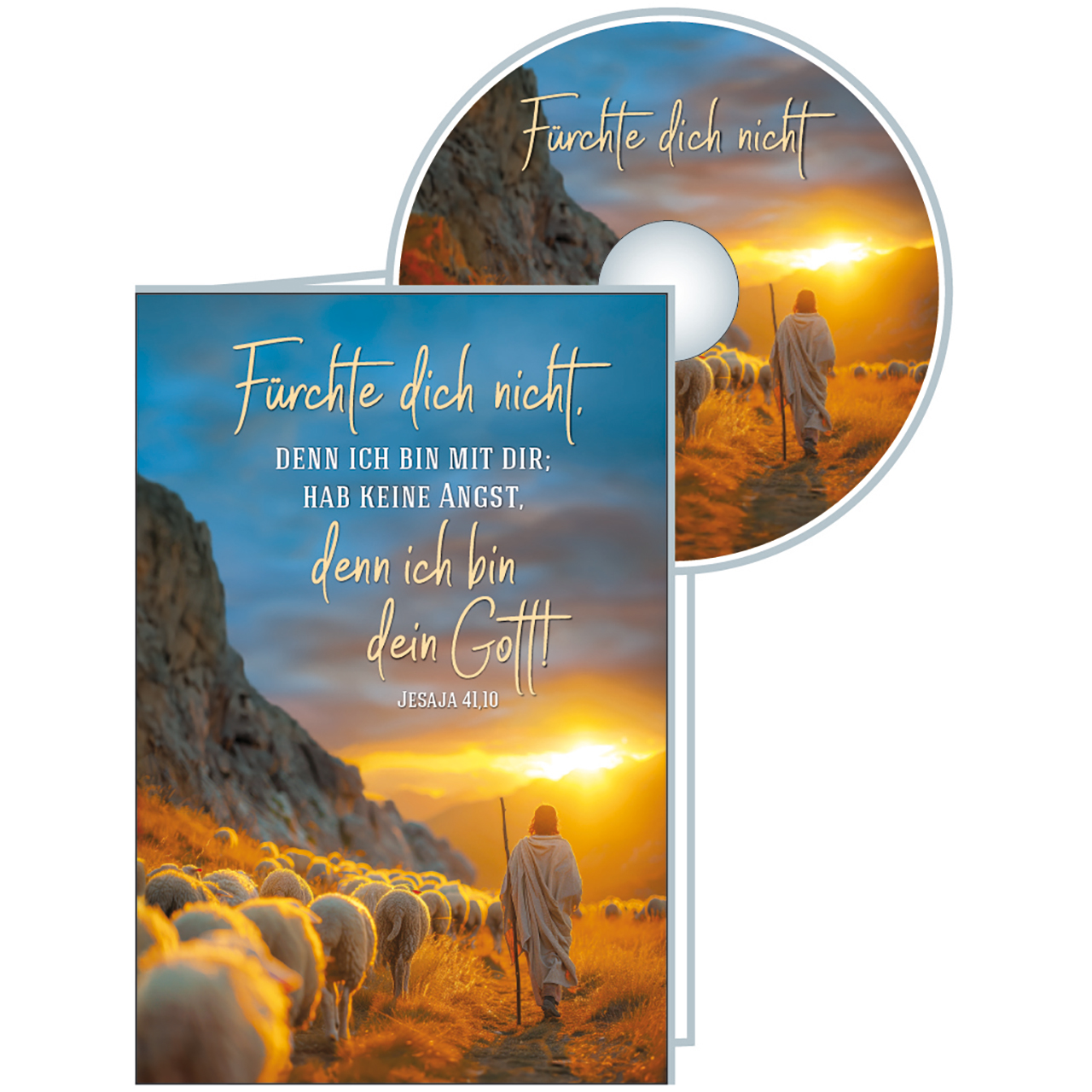 Faltkarte mit CD - Fürchte dich nicht, denn ich bin mit dir - Hirte Schafe Berge Felsen Sonnenuntergang Sonnenaufgang WolkenStab Feld Umhang