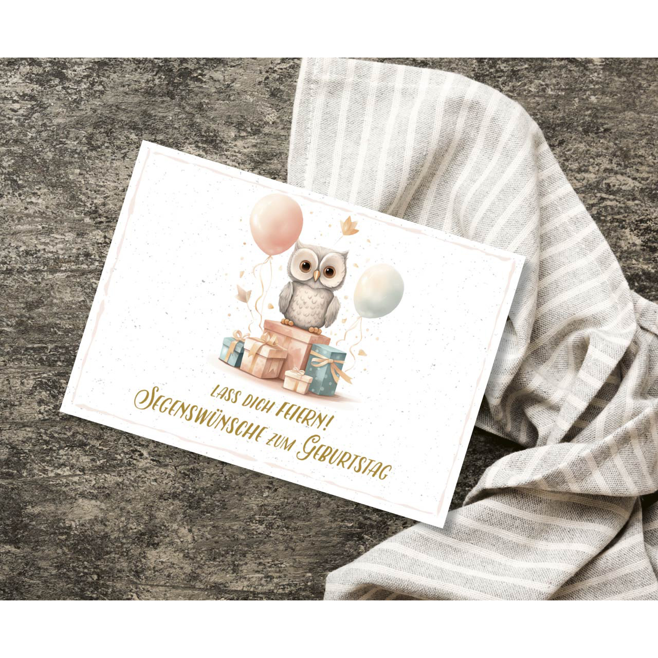 Postkarten - Postkarte 'Lass dich Feiern! Segenswünsche zum Geburtstag'  12 x      Motiv: Eul - Eule Geschenke Blätter Luftballon