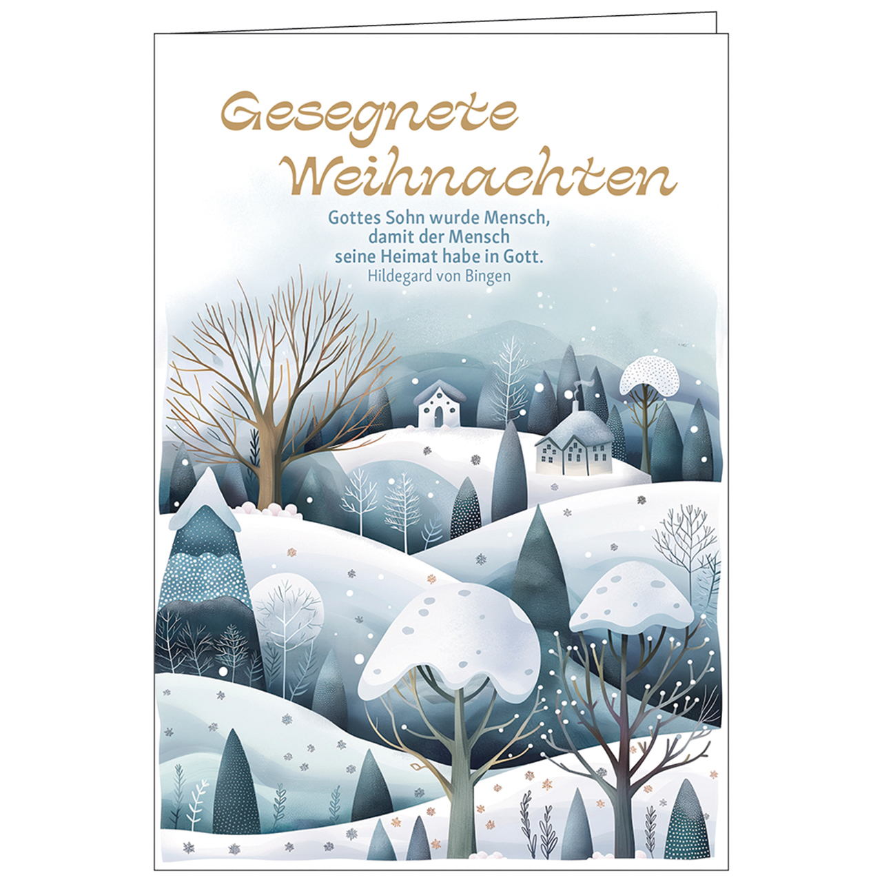 Faltkarte - Gesegnete Weihnachten - Winterdorf Bäume Häuser Schnee Berge