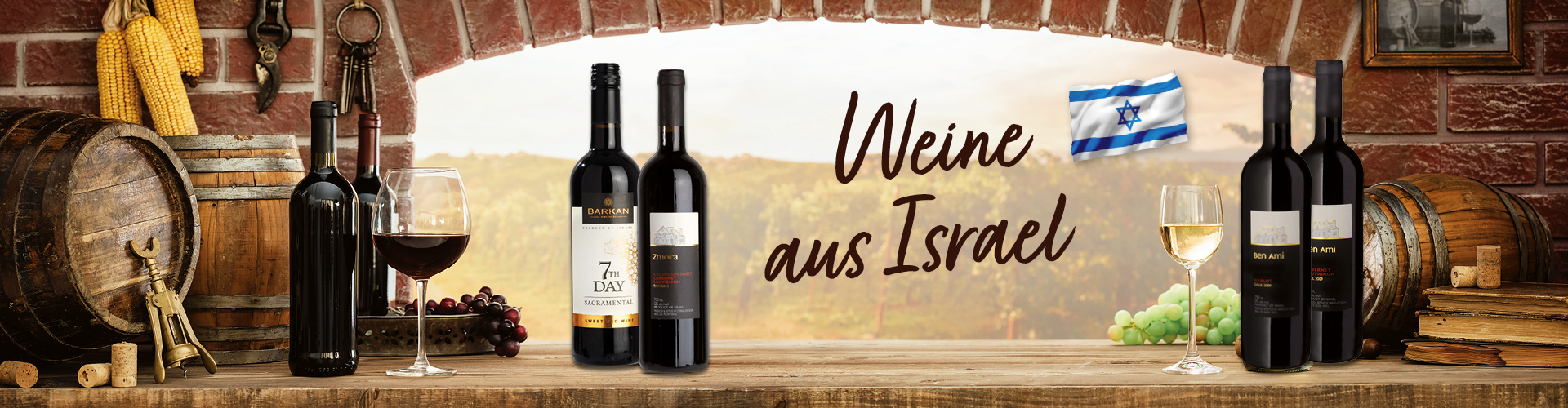 Banner mit Weinen aus Israel, einschließlich verschiedener Flaschen, einem Glas Rotwein und einer israelischen Flagge.