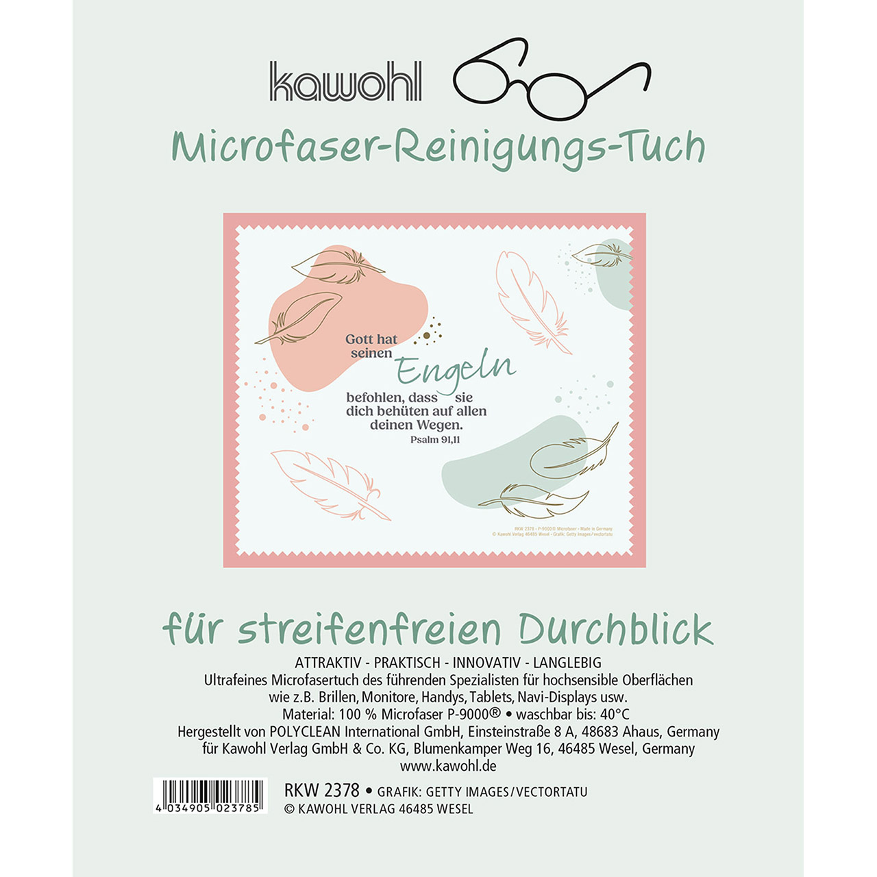 Brillenputztuch - Gott hat seinen Engeln befohlen - Federn Grafik