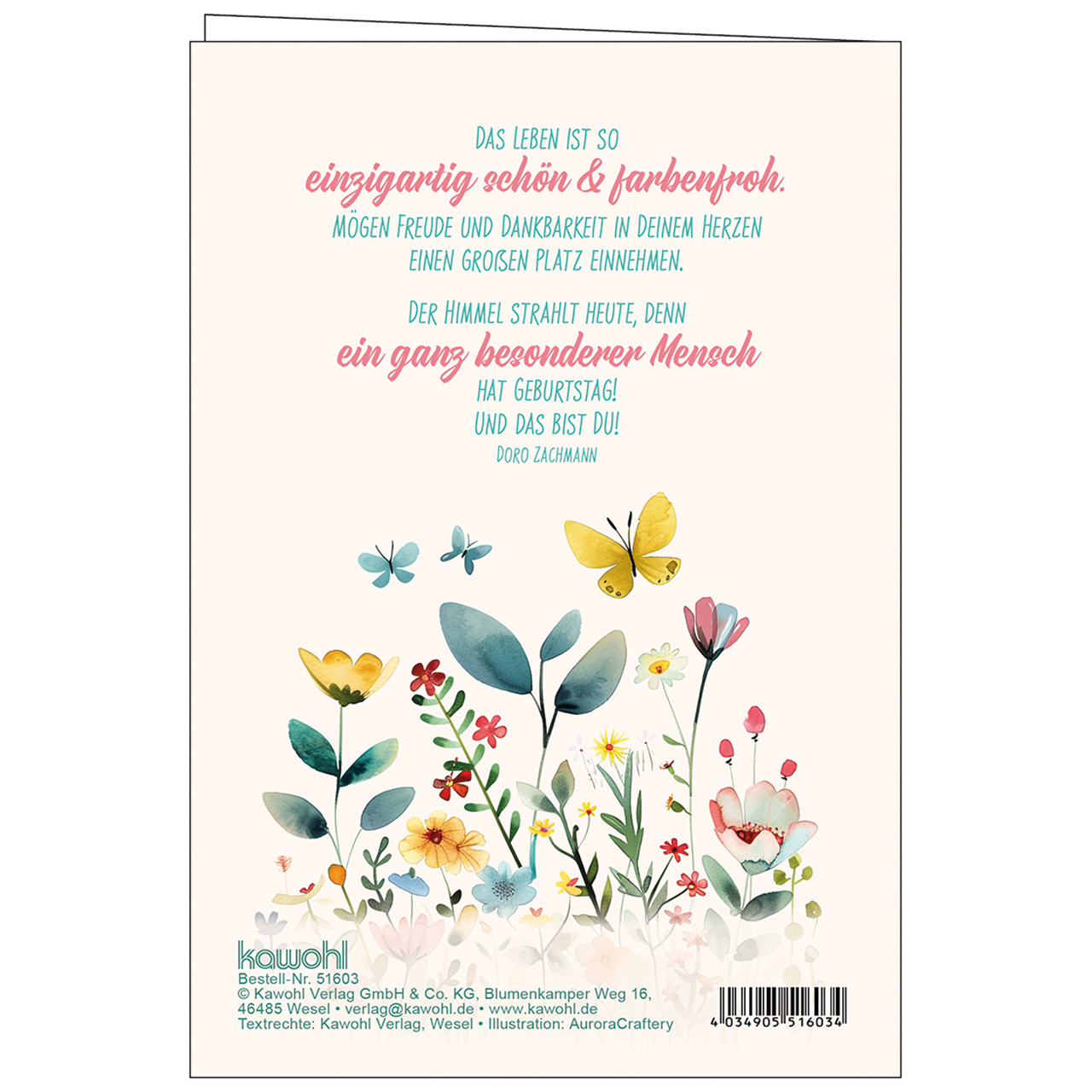 Faltkarte - Happy Birthday to you - Aquarell Blumenwiese Schmetterlinge