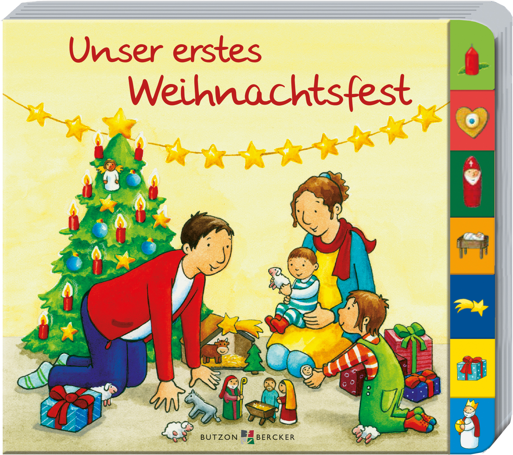 Buch - Unser erstes Weihnachtsfest - Familie Kinder Eheleute Tannenbaum Stall krippe Tiere Geschenke