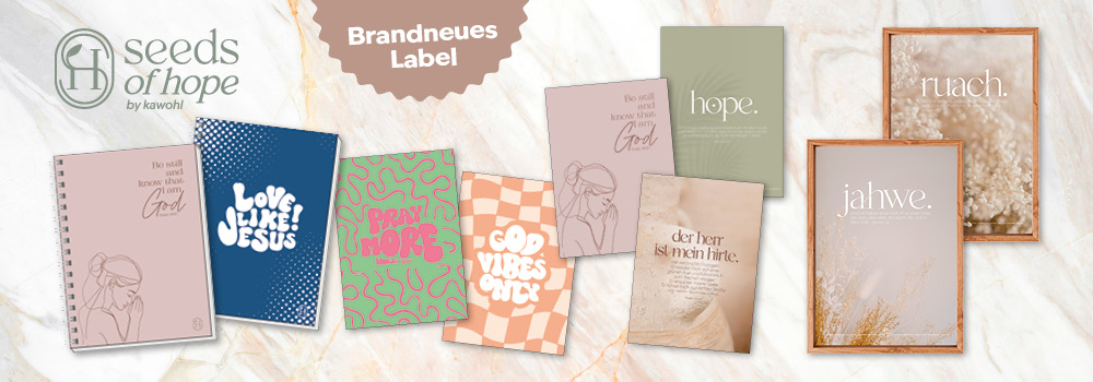 Banner mit dem Logo „Seeds of Hope“ und verschiedenen Produkten, darunter Karten mit inspirierenden Botschaften und Designs.