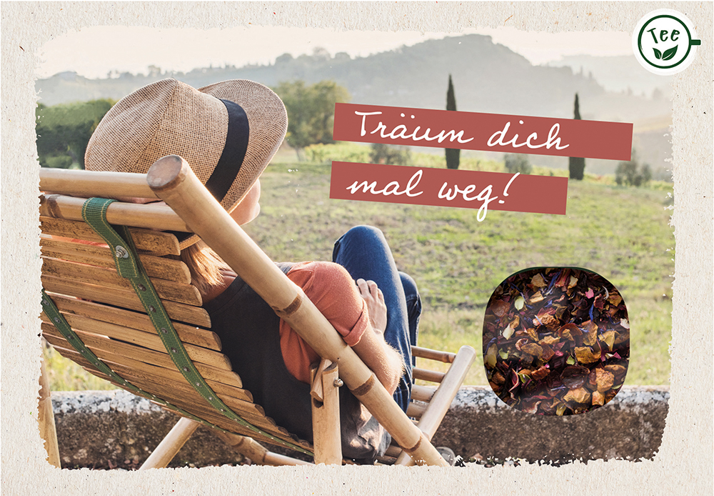 Lebensmittel-Karte - Teekarte 'Träum dich mal weg' - Karte Tee Liegestuhl Mensch Hut Wiese Bäume Berge
