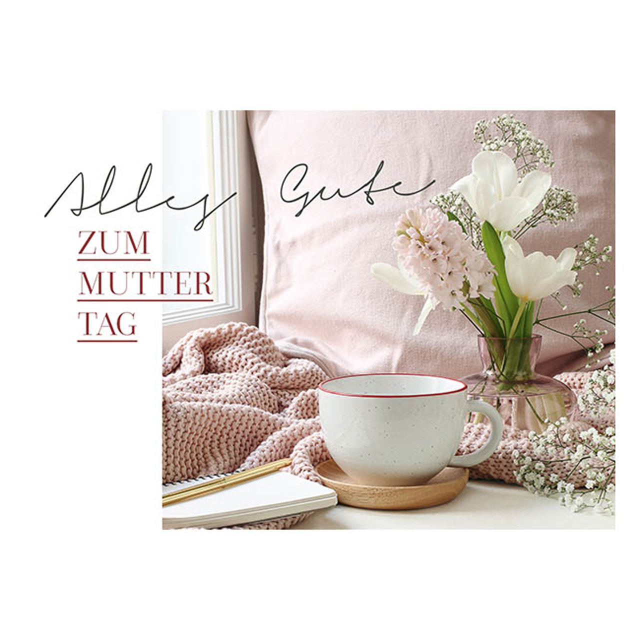 Postkarte - Postkarte 'Alles Gute zum Muttertag' 1EX - Tasse Schreibblock Blumenvase Kissen Rosa