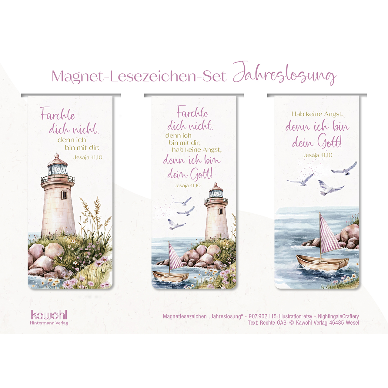 Lesezeichen - Fürchte dich nicht, denn ich bin mit dir; - Grafik Leuchtturm Boot Möve Stenne Blumen Wasser Meer