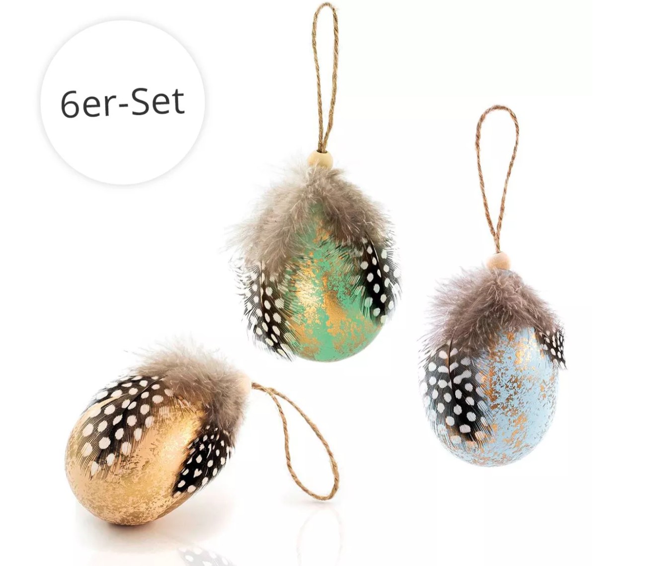 Dekoration - 6er-Set Ostereier mit Perlhuhnfedern