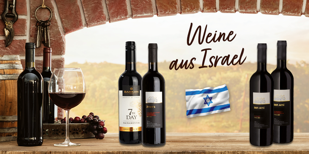 Banner mit Weinen aus Israel, einschließlich verschiedener Flaschen, einem Glas Rotwein und einer israelischen Flagge.