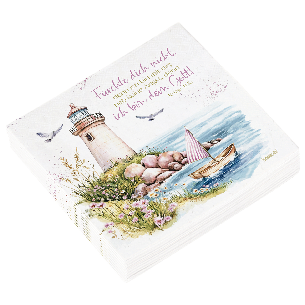 Servietten - Fürchte dich nicht, denn ich bin mit dir; - Grafik Leuchtturm Boot Möve Steine Blumen Wasser Meer