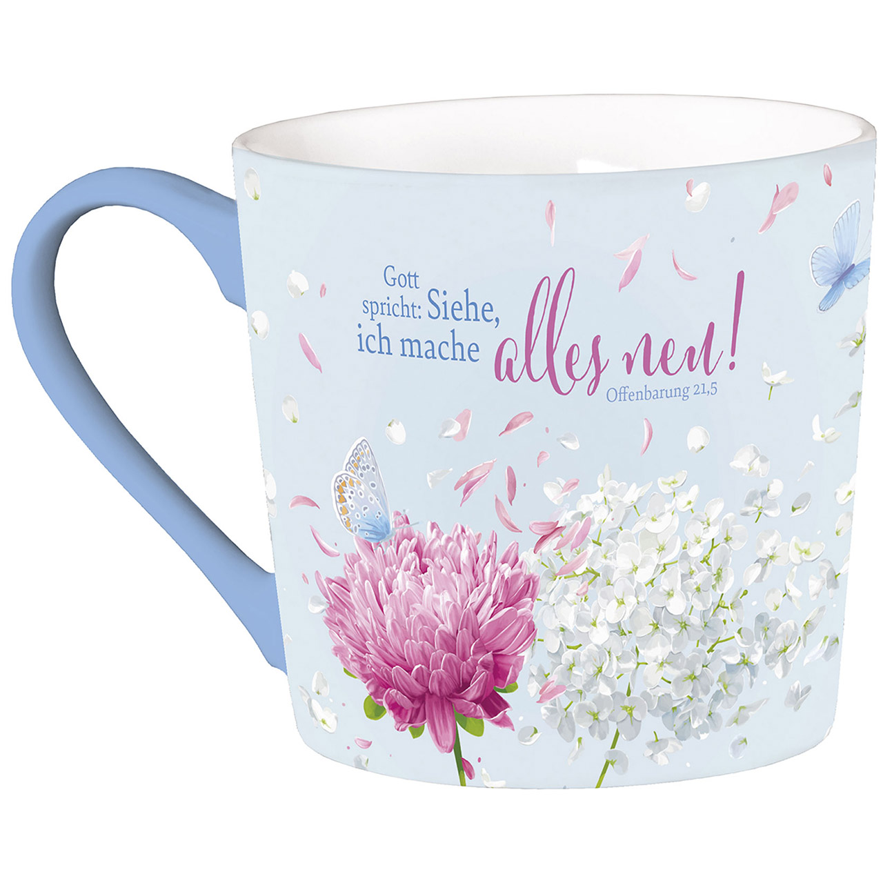 Tassen & Gläser - Gott spricht: Siehe, ich mache alles neu! - Grafik Hortensie Dahlie Blüten Schmetterling