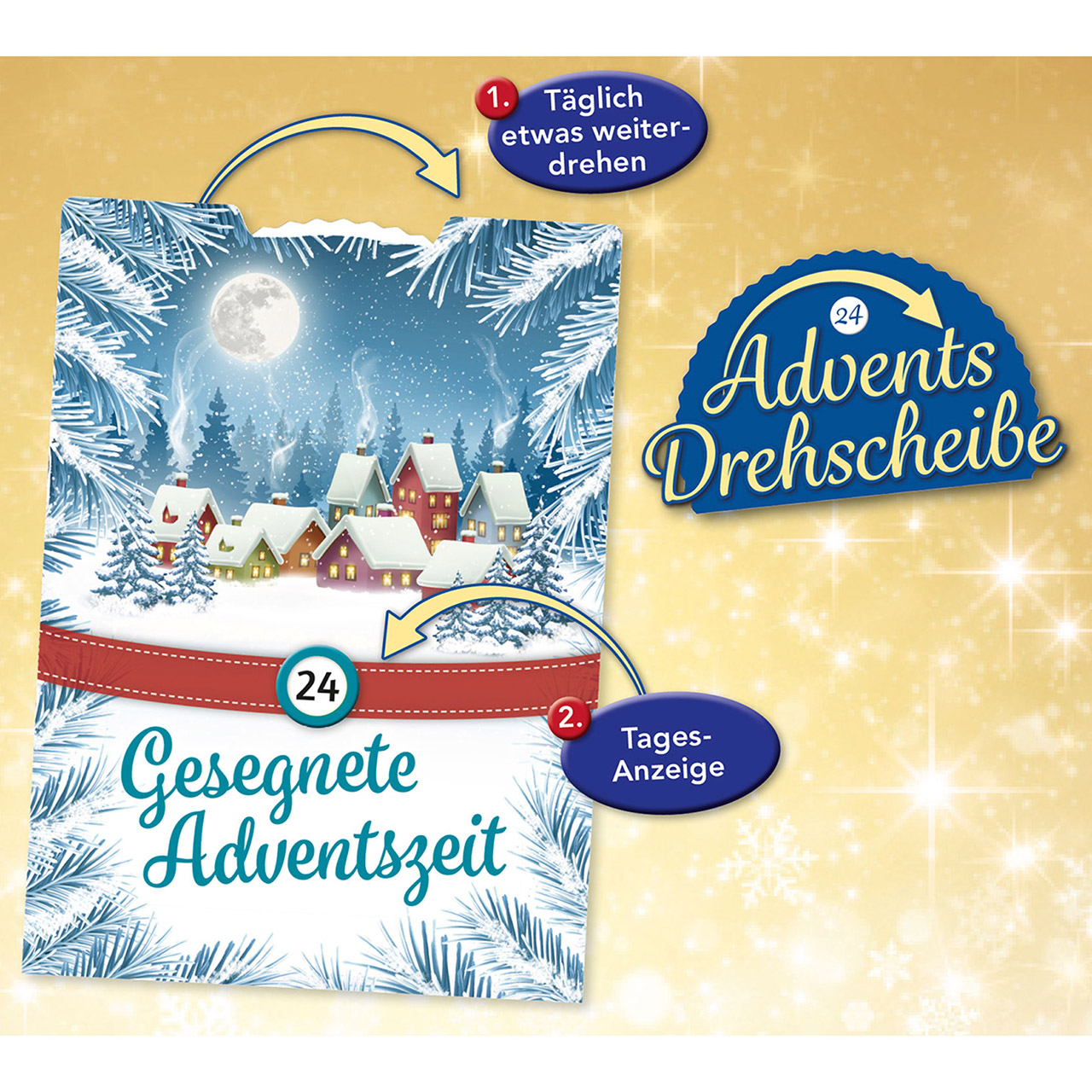 Adventskalender - Gesegnete Adventszeit - Grafik Häuschen Mond Tannenzweige Schnee