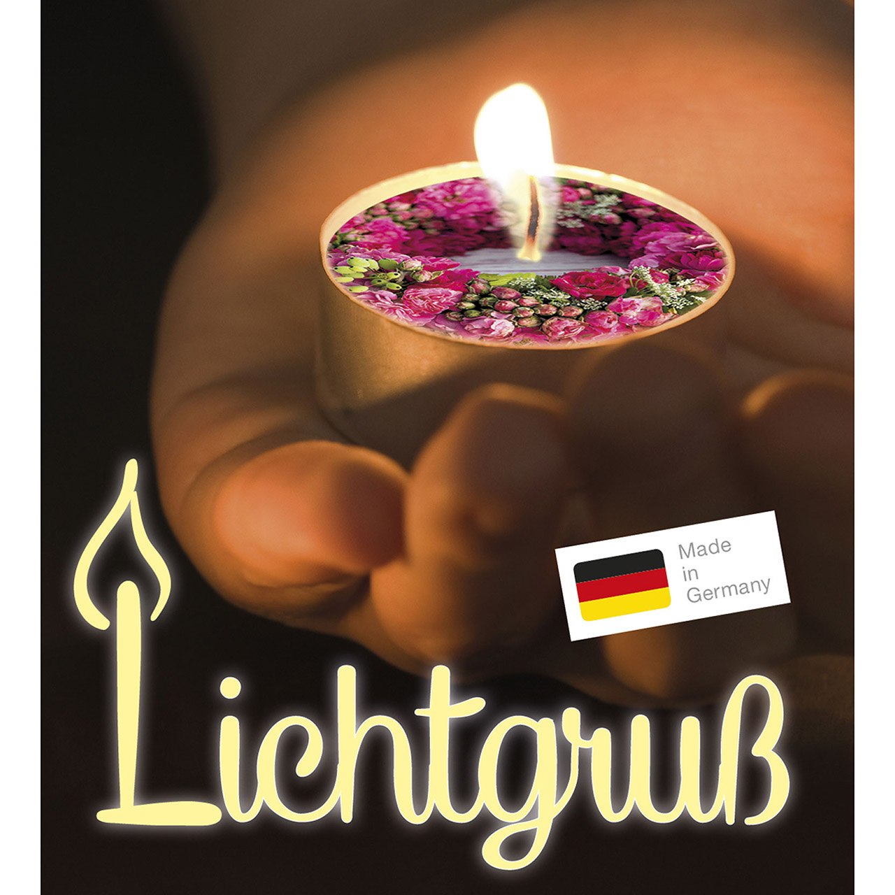 Teelicht mit Grußkarte - Alles Gute und Gottes Segen - Collagen / Rosen