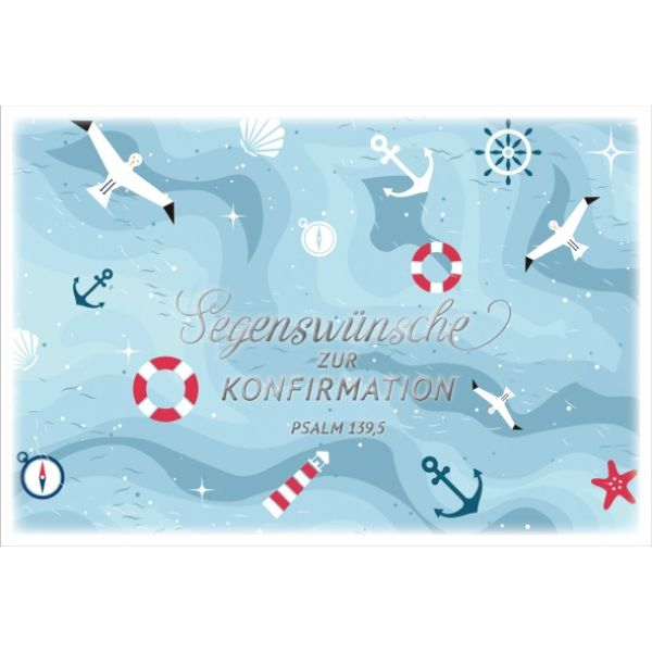 Faltkarte - Faltkarte Konfirmation - Möwe Vögel Anker Leuchtturm Retungsring Kompass Muschel Seestern