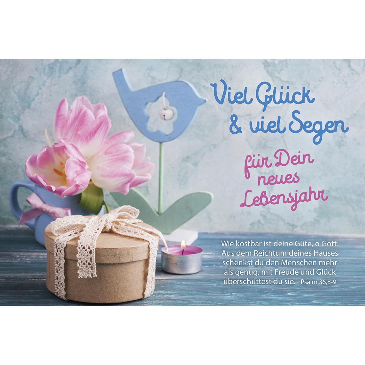 Faltkarte - Viel Glück & viel Segen - Vogel Tulpen Geschenk Teelicht
