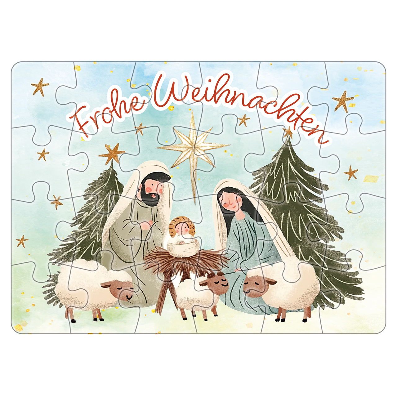 Puzzle - Weihnachtskrippe Frohe Weihnachten - Krippe Maria Josef Jesus Kind Baby Tannenbaum Stern Schafe